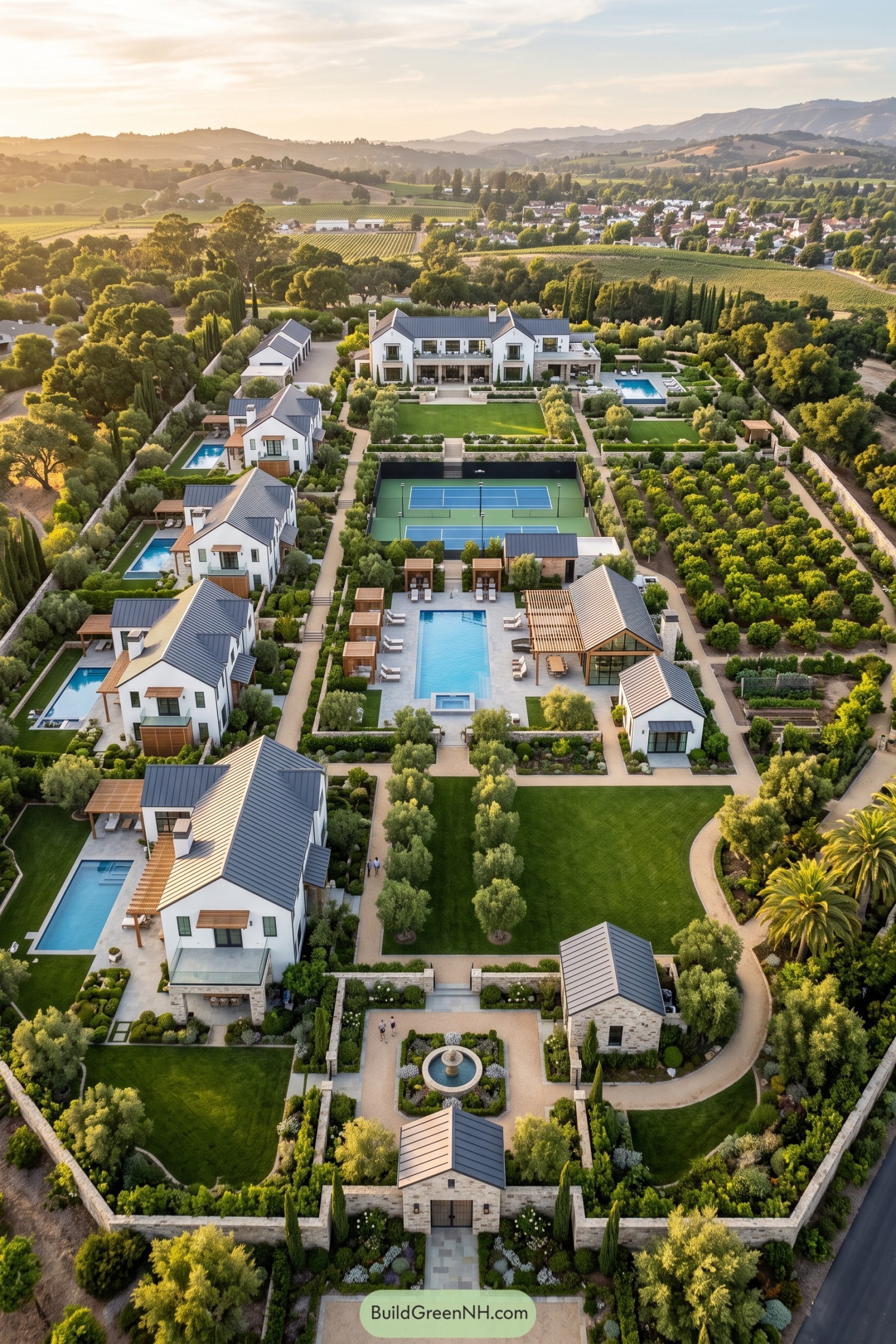 A walled family compound with villas pools and tennis court