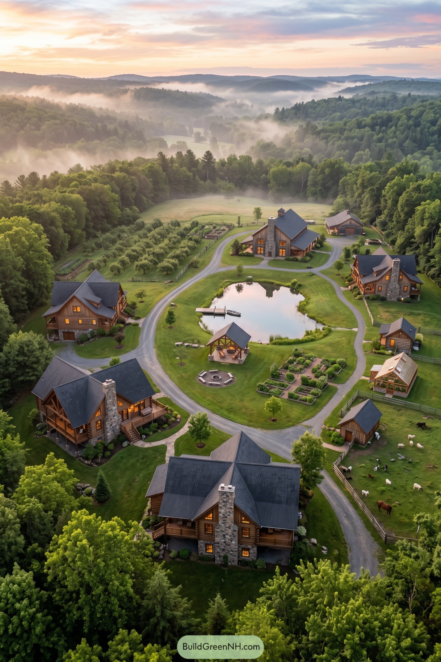 Woodland family compound with lodges pond gardens and barns