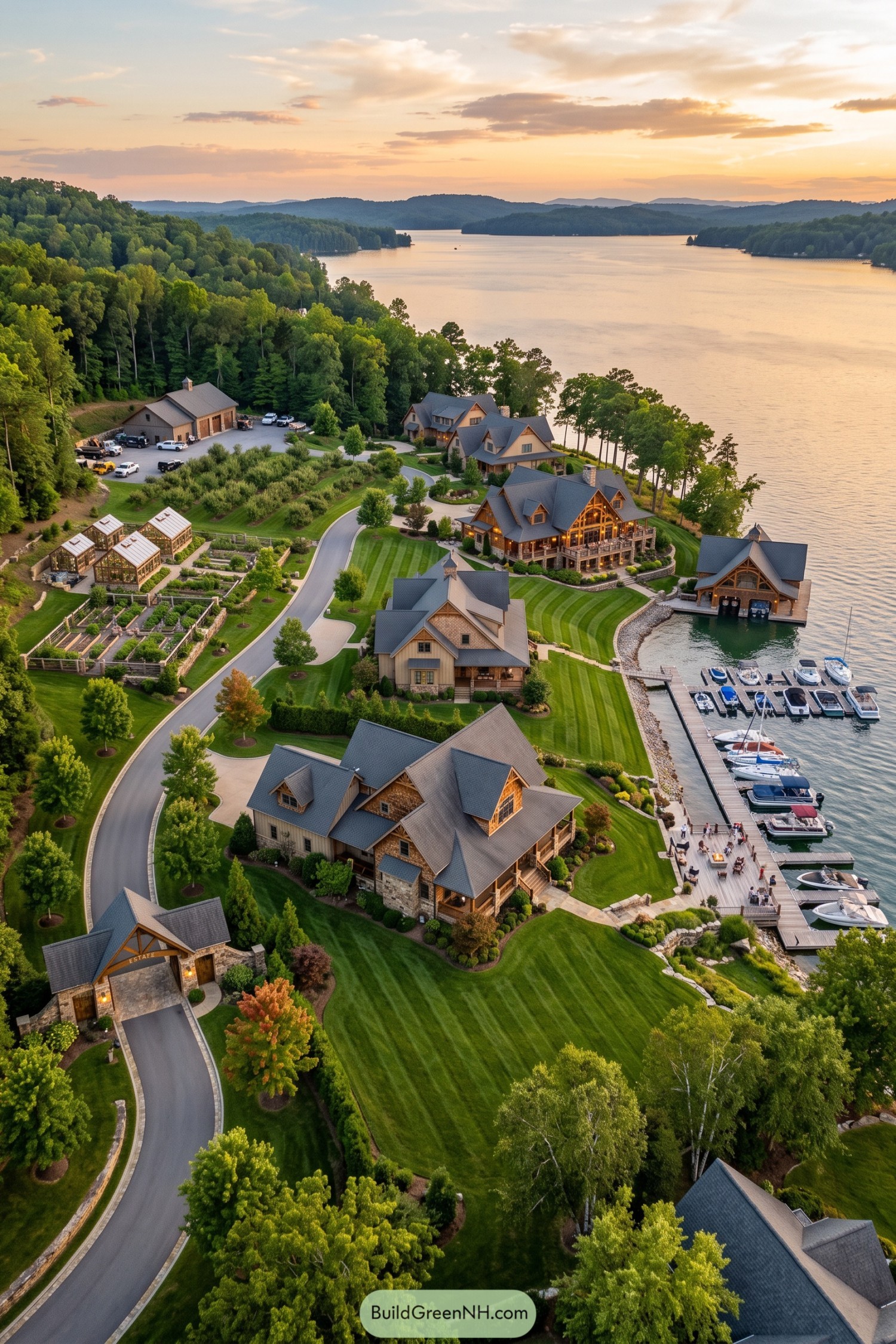 Lakeside family compound with lodges gardens and marina docks