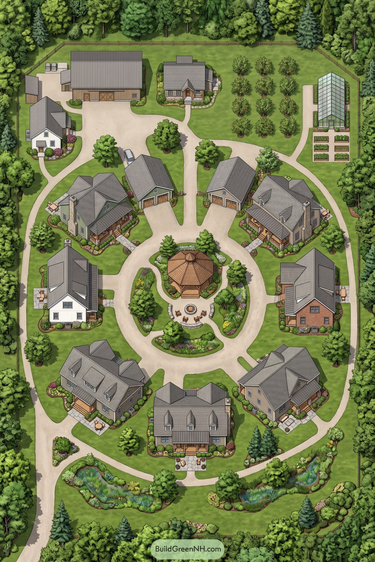A wooded family compound with homes orchard greenhouse and central gazebo