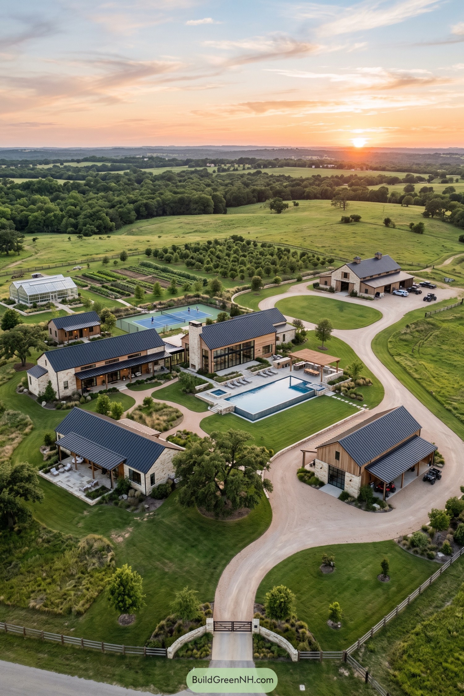 Aerial view of a rural family compound with barns pool greenhouse and tennis court