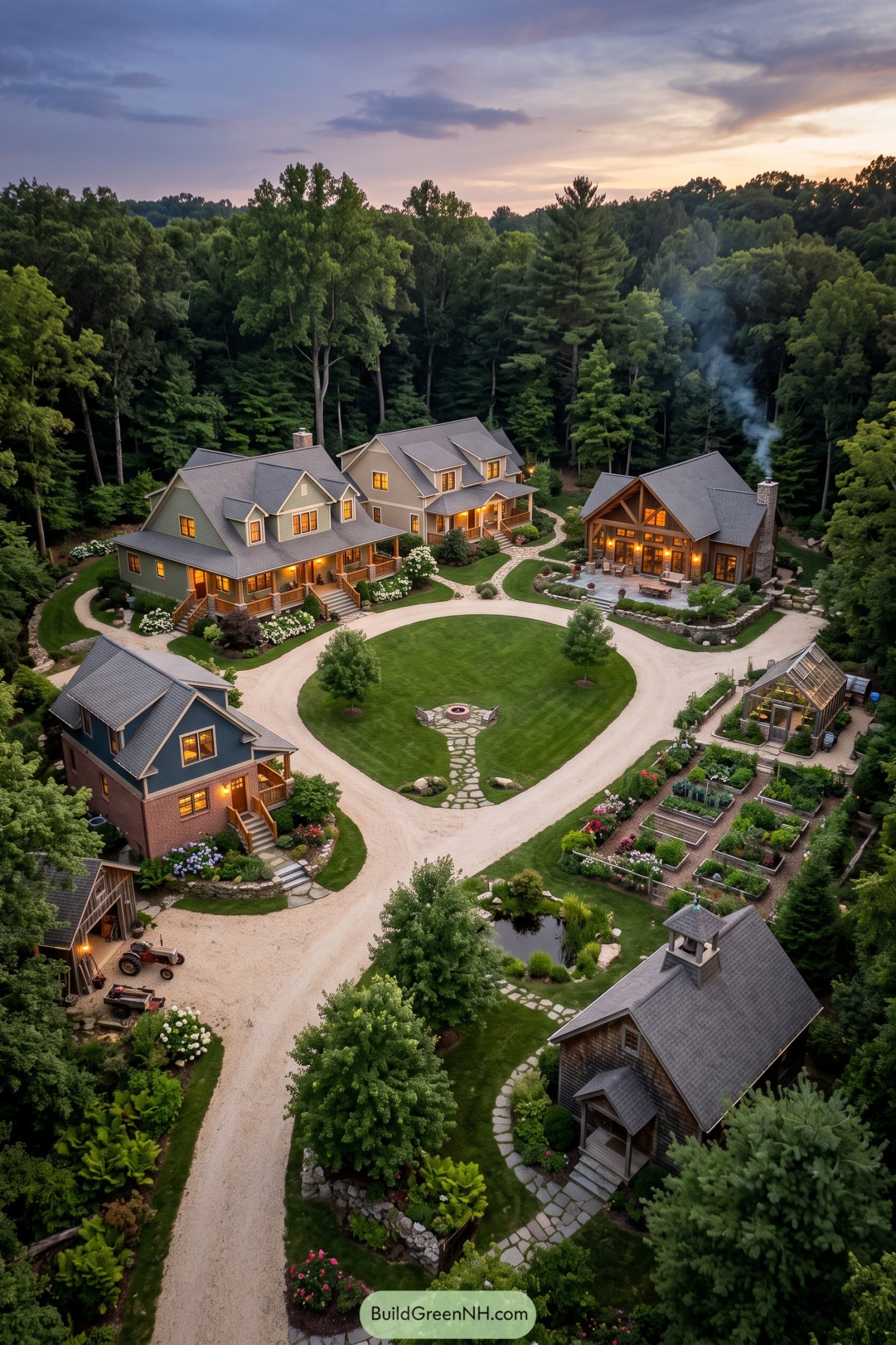 Woodland family compound with cottages gardens and circular drive