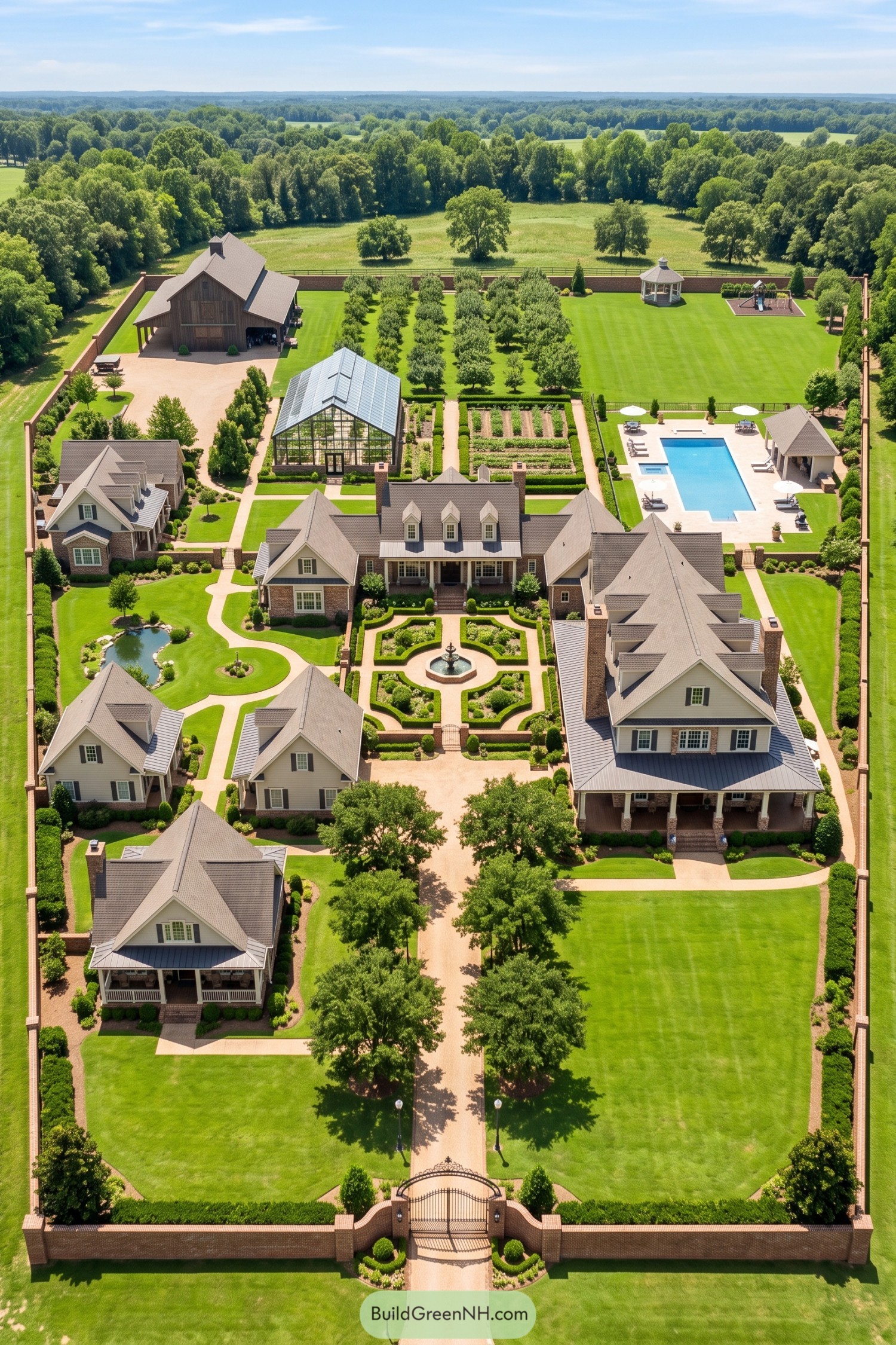 Aerial view of a walled family compound with cottages pool greenhouse and barn
