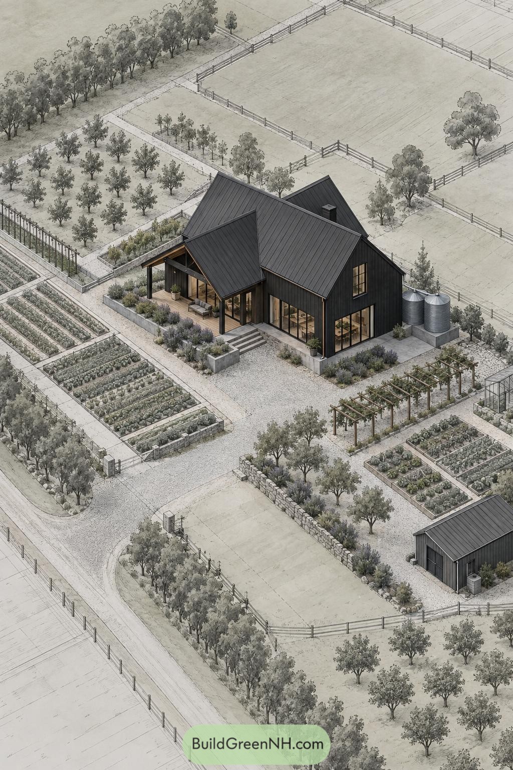 Dark gabled farmhouse beside vegetable beds orchard and greenhouse