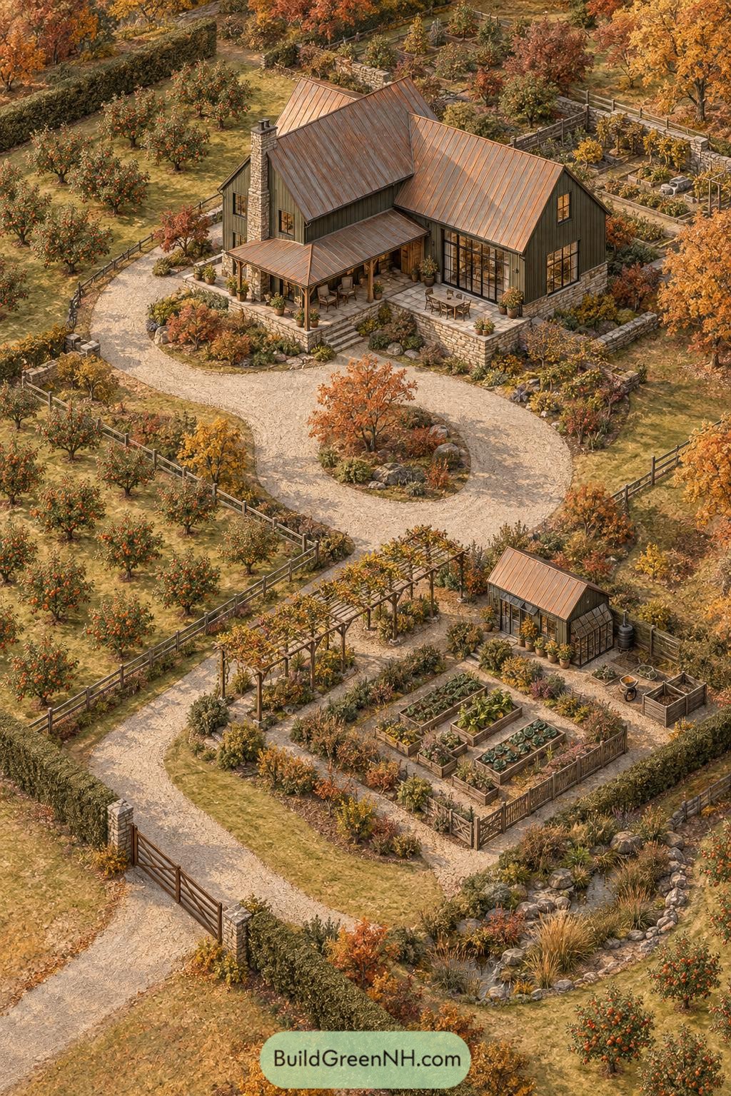 Dark Green Farmhouse With Apple Orchard And Raised Garden Beds
