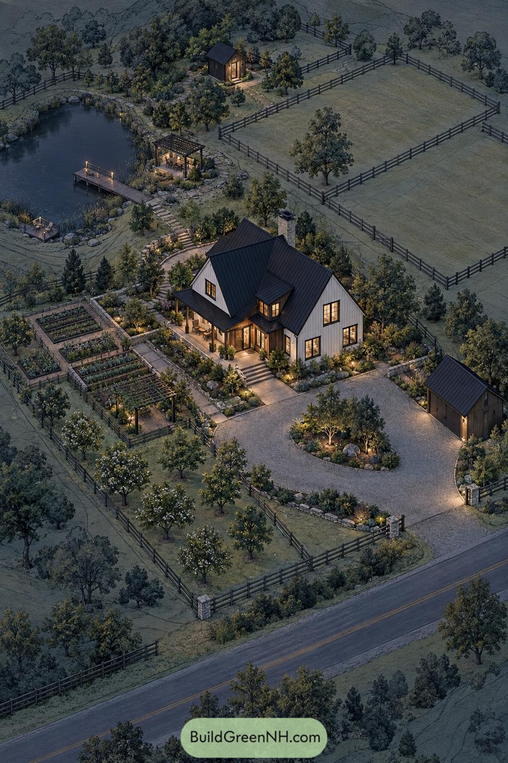 White farmhouse with vegetable beds orchard pond and fenced pasture at dusk