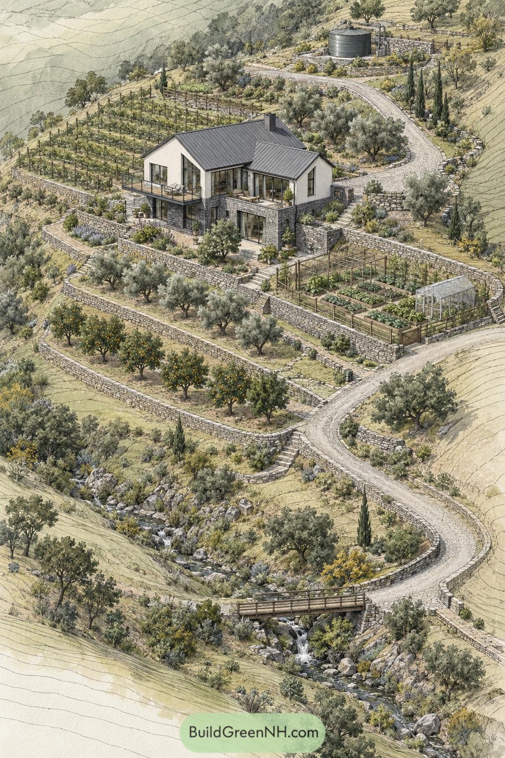 Terraced farm home with citrus groves greenhouse and creek bridge