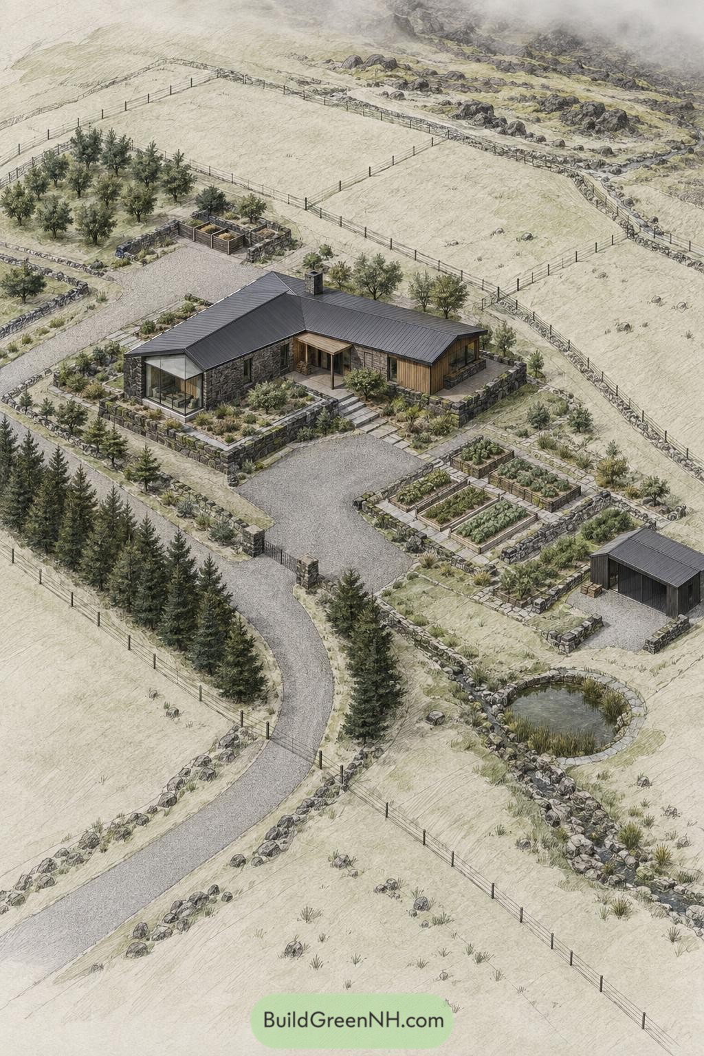 Modern stone farmhouse with raised beds and pond