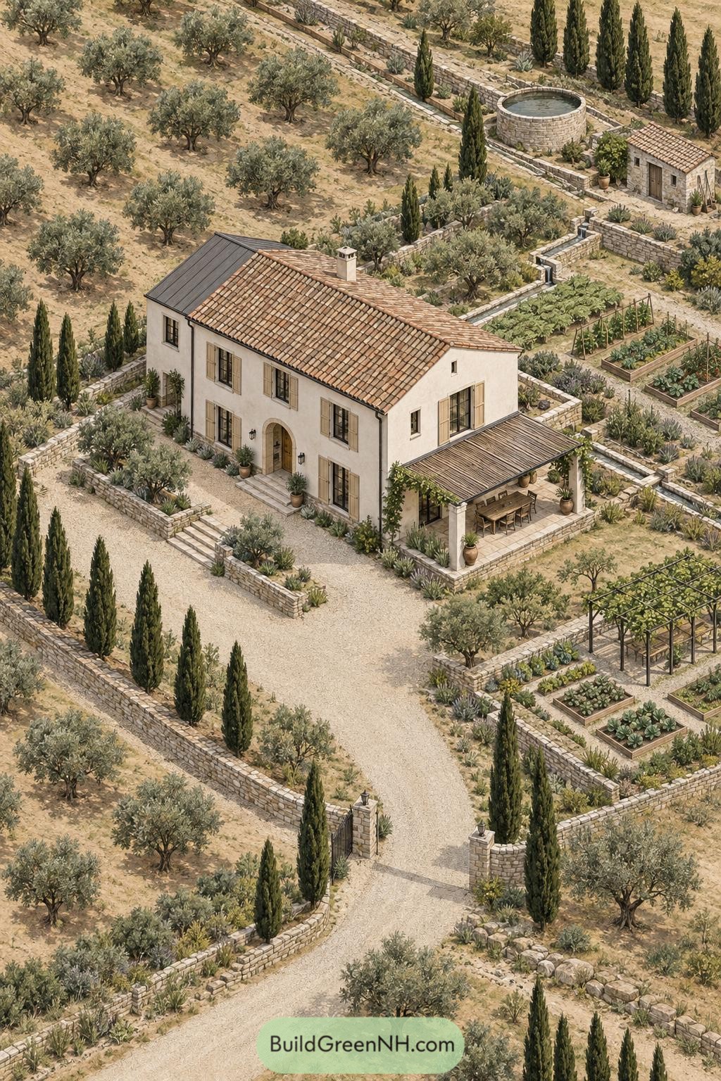 Stone walled farmhouse amid olive trees and kitchen beds