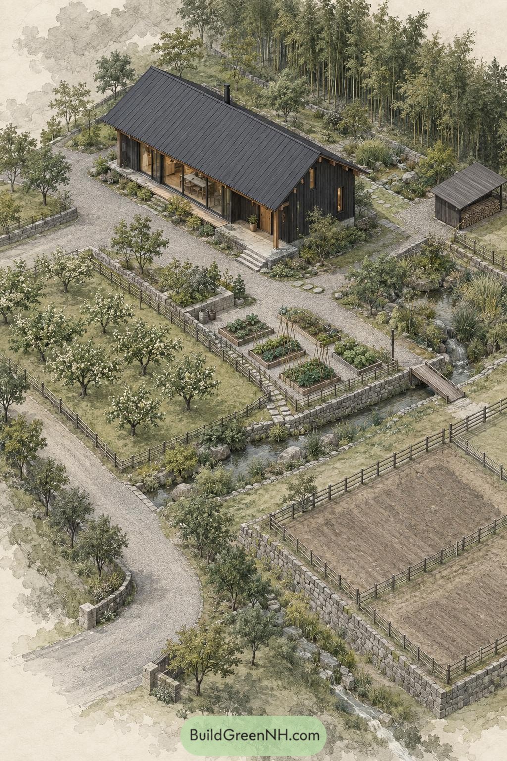 Black timber farmhouse beside terraced orchards and stream gardens