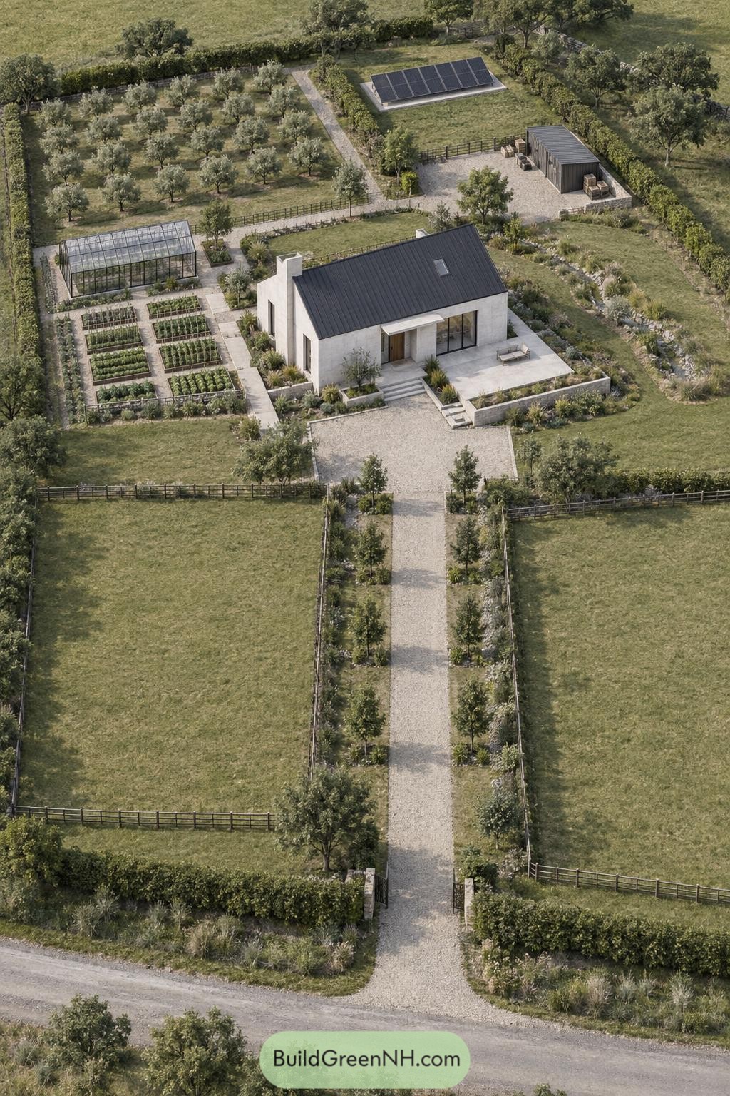 Aerial view of modern farmhouse with orchard greenhouse and solar array