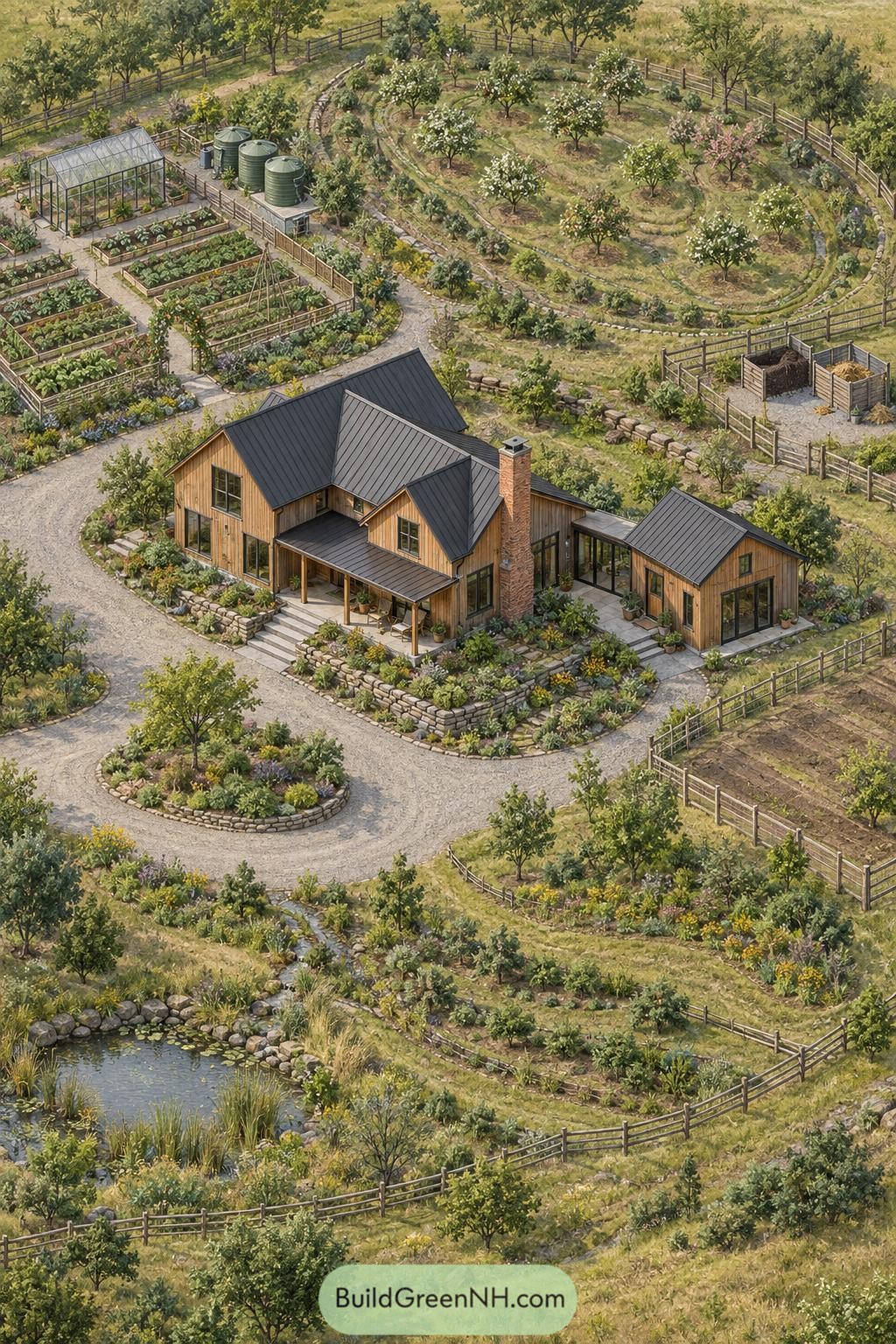 Wooden farmhouse beside vegetable beds greenhouse and terraced orchard