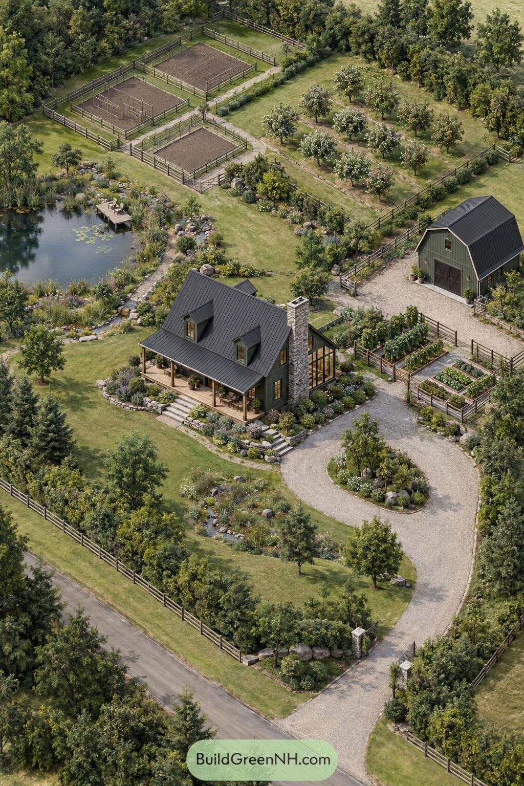 Dark-roof farmhouse beside pond and orchard gardens
