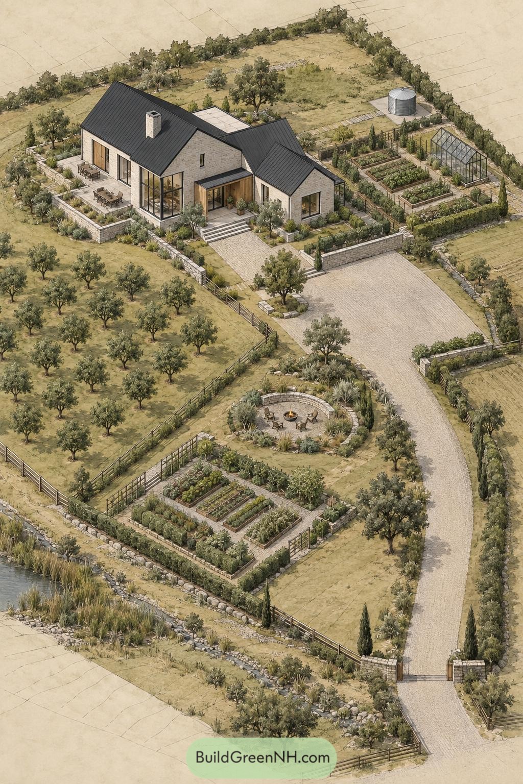 Modern stone farmhouse beside orchard gardens greenhouse and fire circle