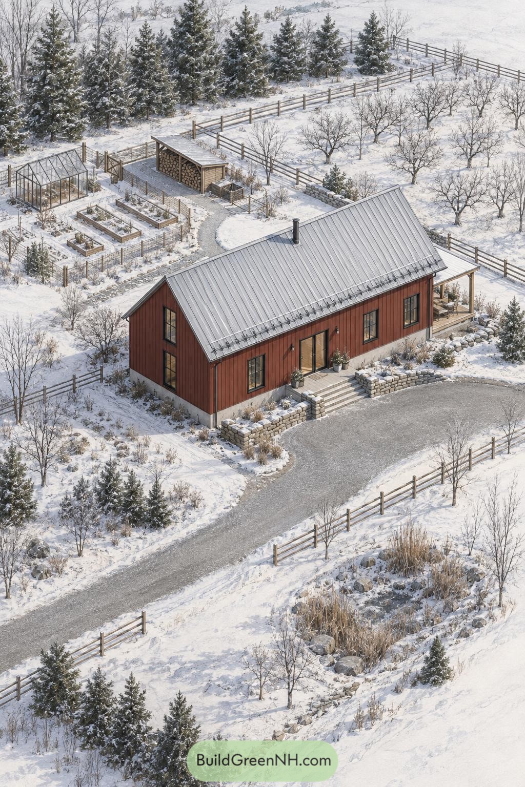 Red modern farmhouse with greenhouse and fenced winter garden