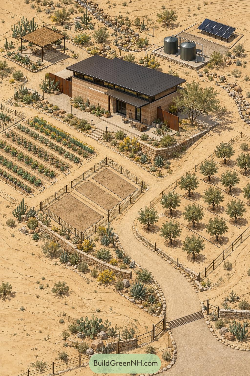 Modern desert homestead with solar panels gardens and orchard