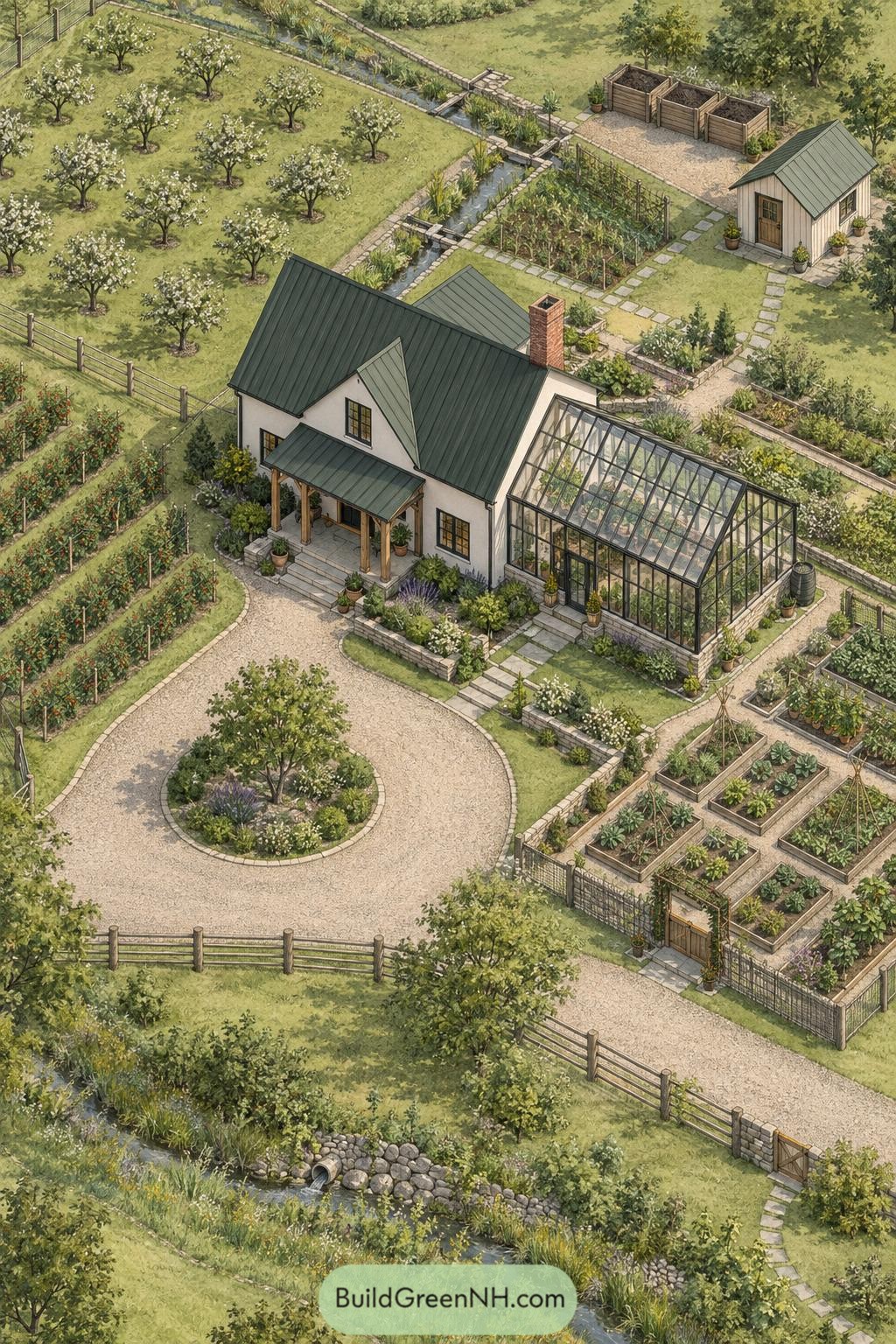 White farmhouse with greenhouse orchard and raised vegetable beds