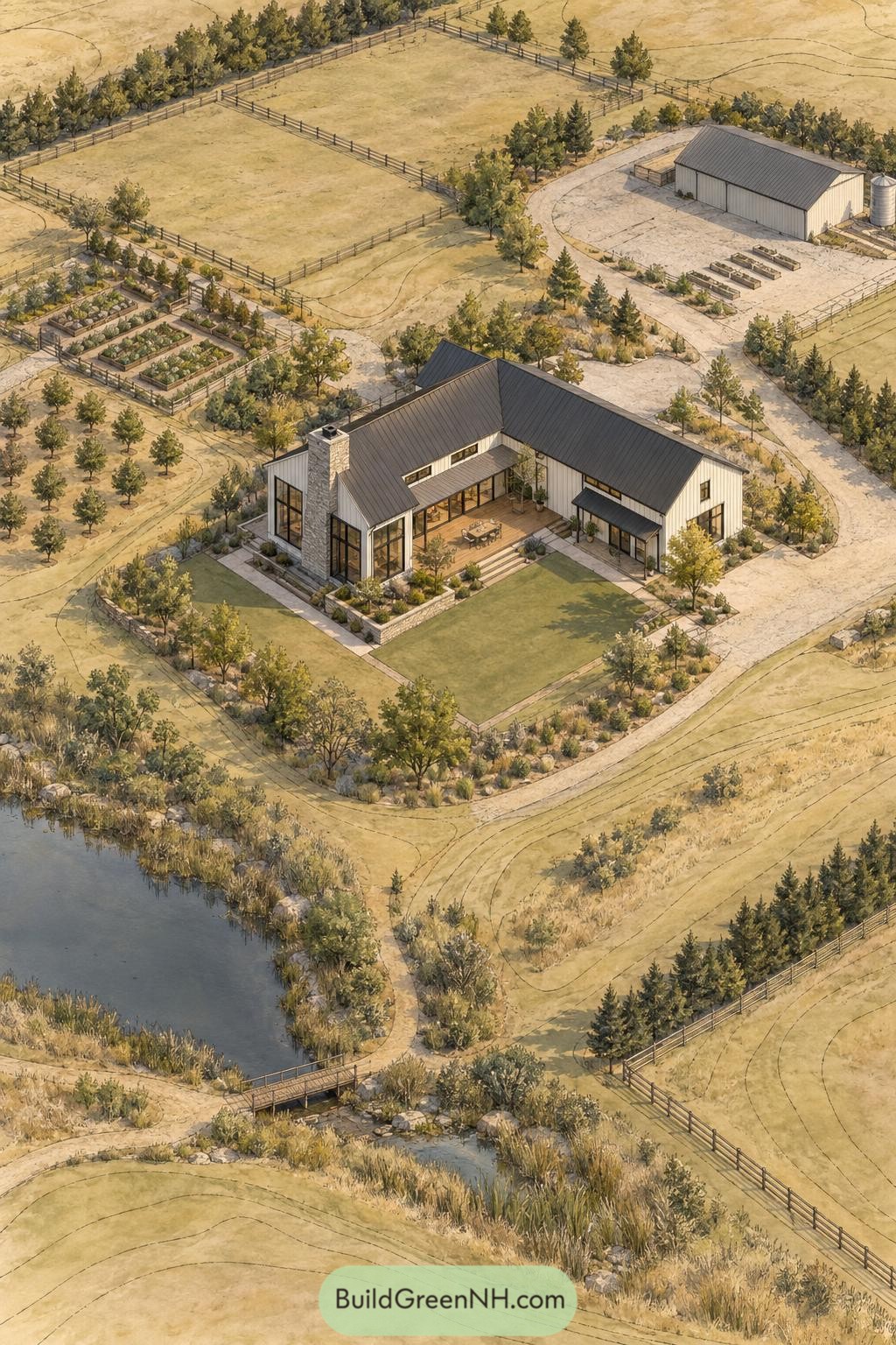 Modern farmhouse beside pond with gardens and barn