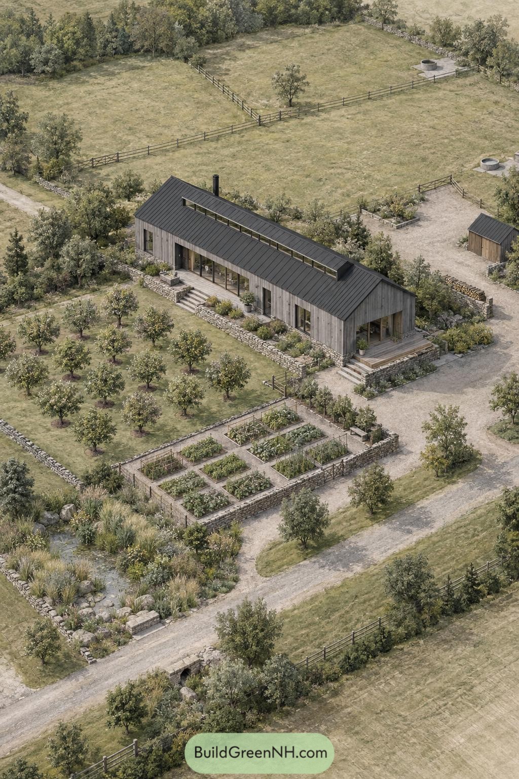 Modern cedar farmhouse beside orchard and raised vegetable beds