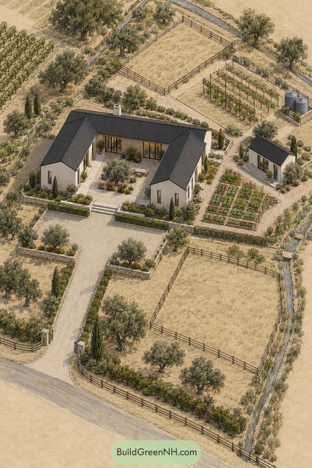 U shaped farmhouse with paddocks vineyard and vegetable beds