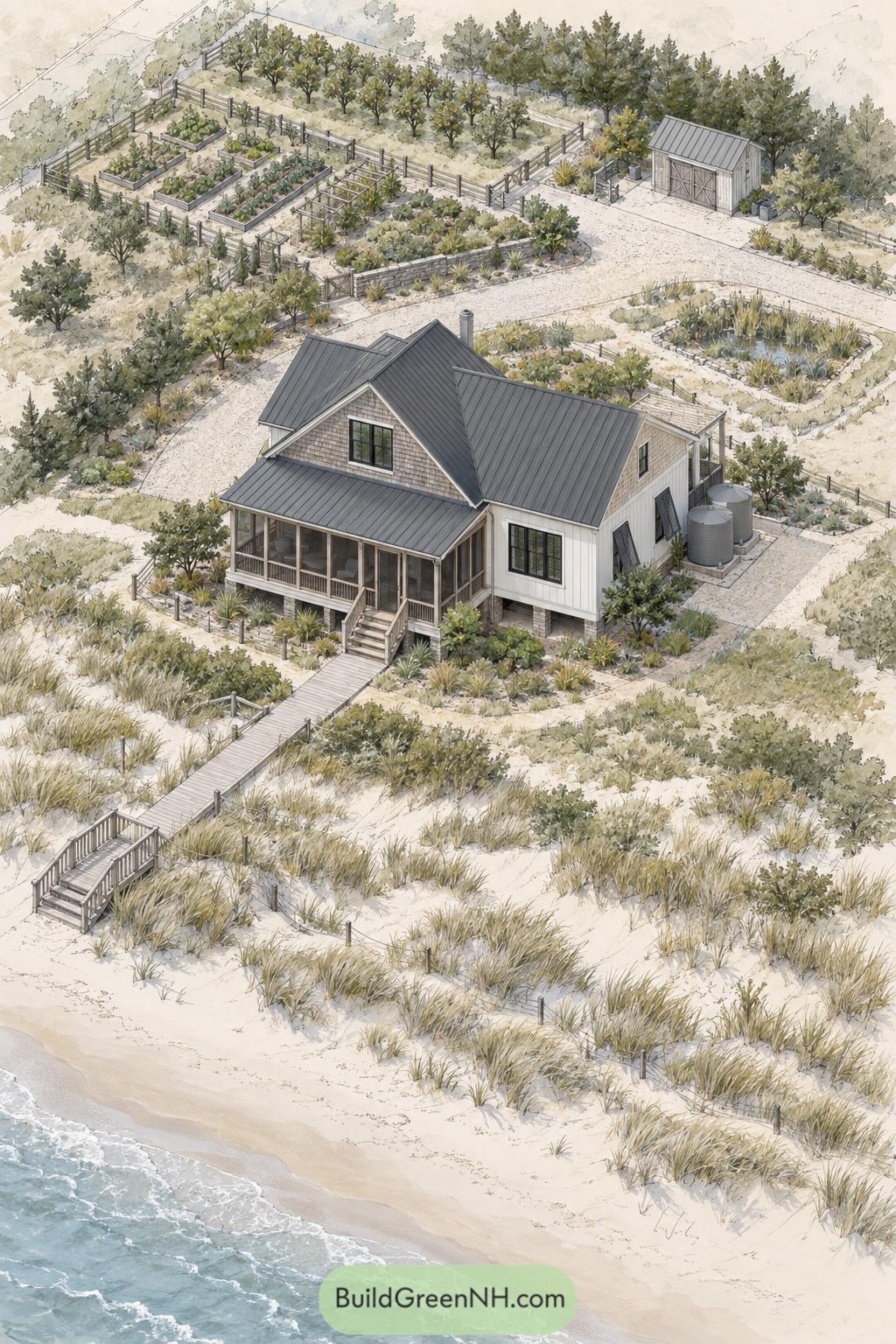 Coastal cottage with orchard beds and dune gardens