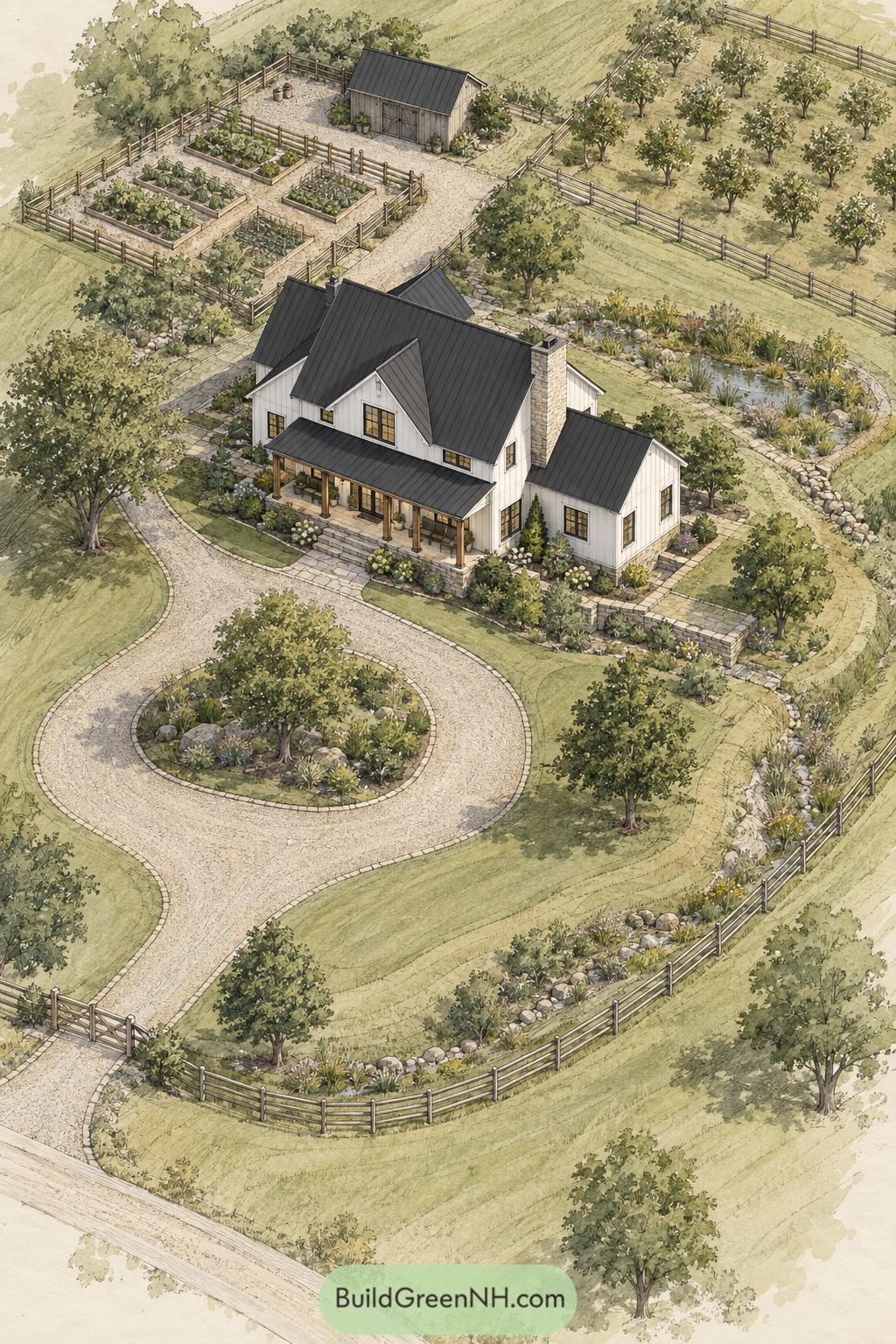 White farmhouse with orchard gardens barn and circular drive