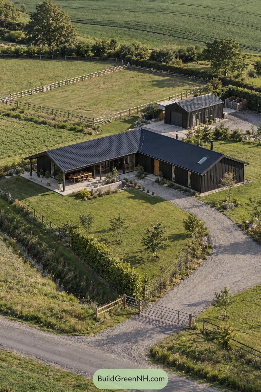 Black barn-style house with courtyard and fenced pasture
