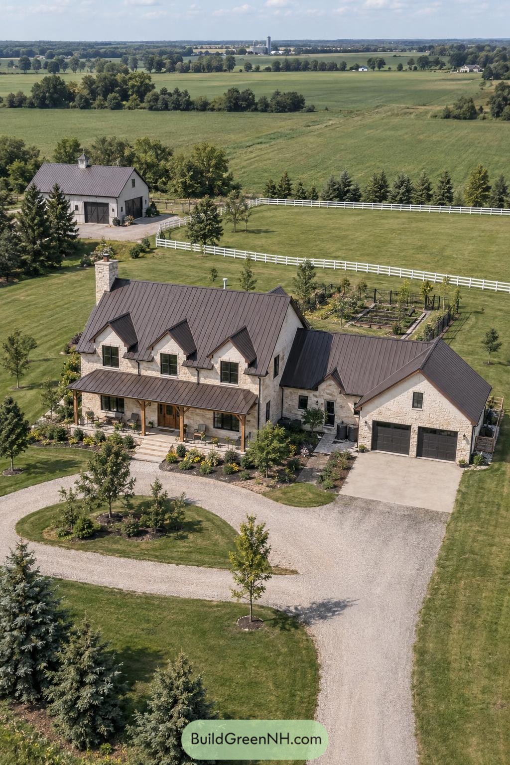Stone farmhouse with dark metal roof beside fenced pasture