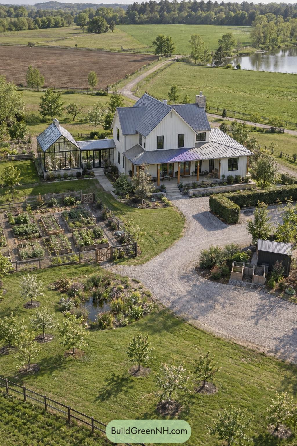 White farmhouse with greenhouse and kitchen garden
