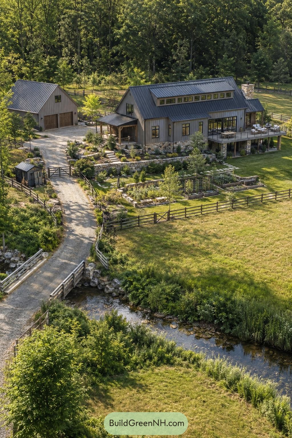 Modern farmhouse beside a creek with barn and raised beds