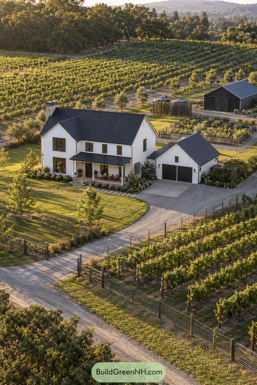 White farmhouse with black roof beside vineyard rows