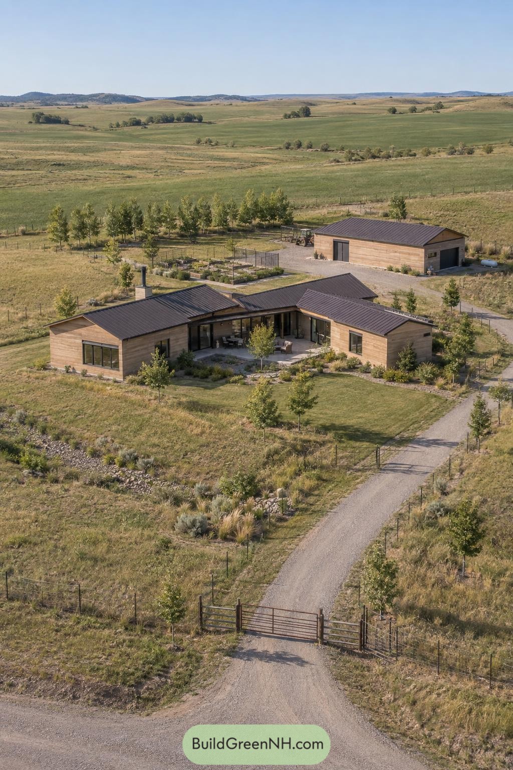 Wood-clad ranch home with courtyard and detached barn amid rolling fields