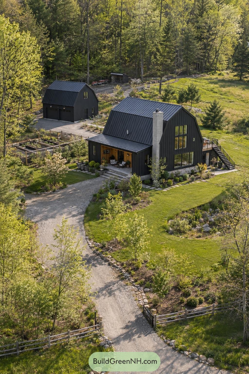 Black gabled farmhouse with garden beds and detached garage