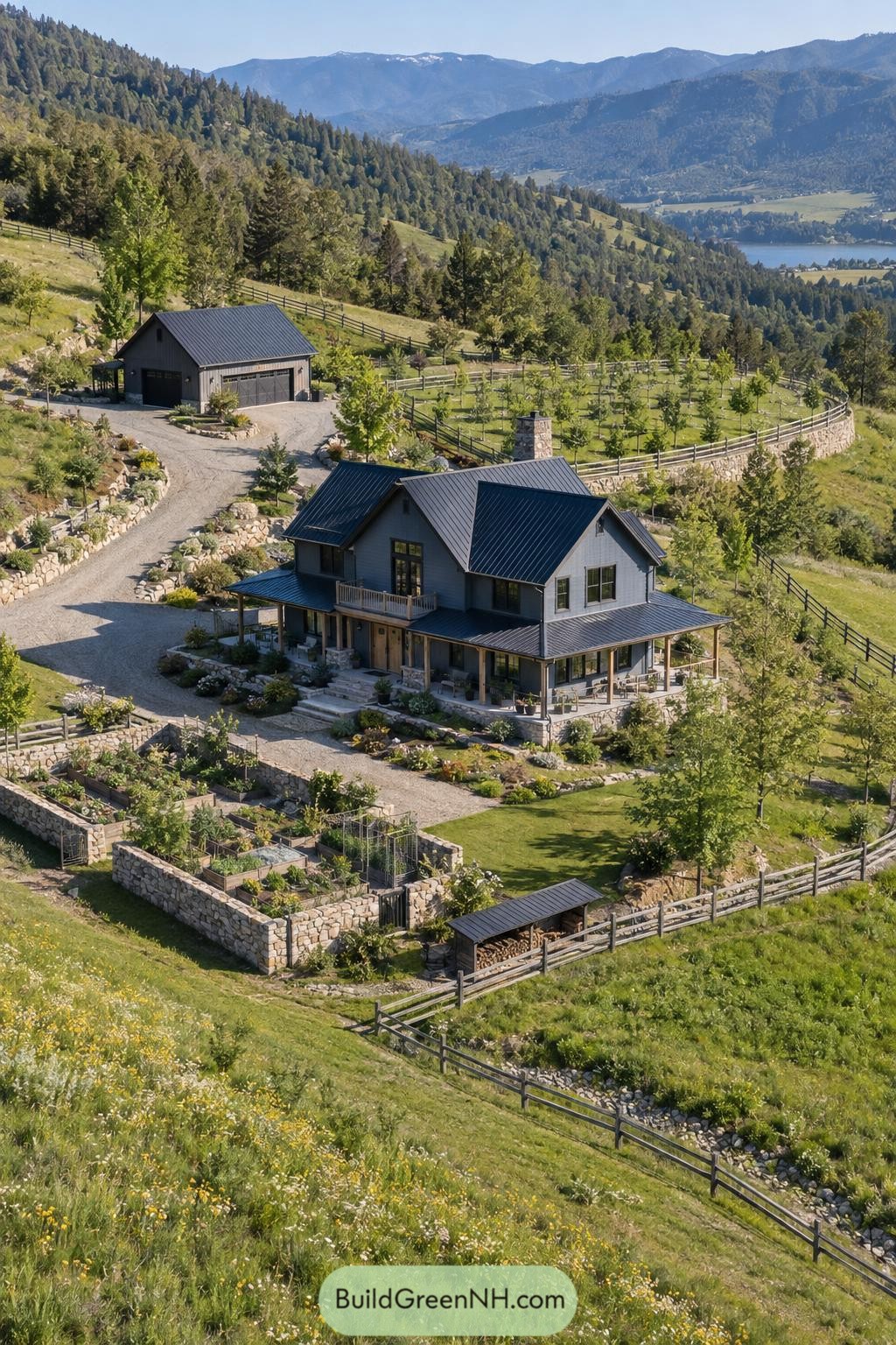 Gray gabled farmhouse with gardens on a mountain hillside