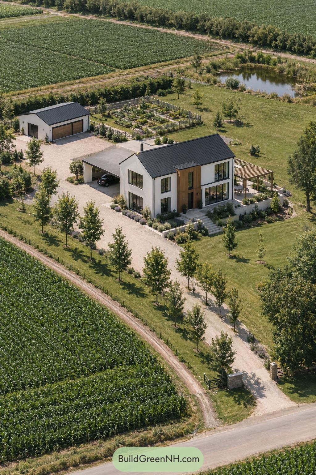 Modern white gabled farmhouse beside cornfields and pond