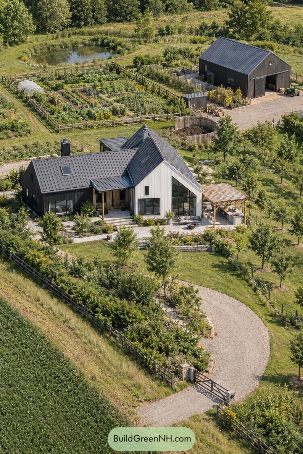 Modern gabled farmhouse beside vegetable gardens pond and black barn