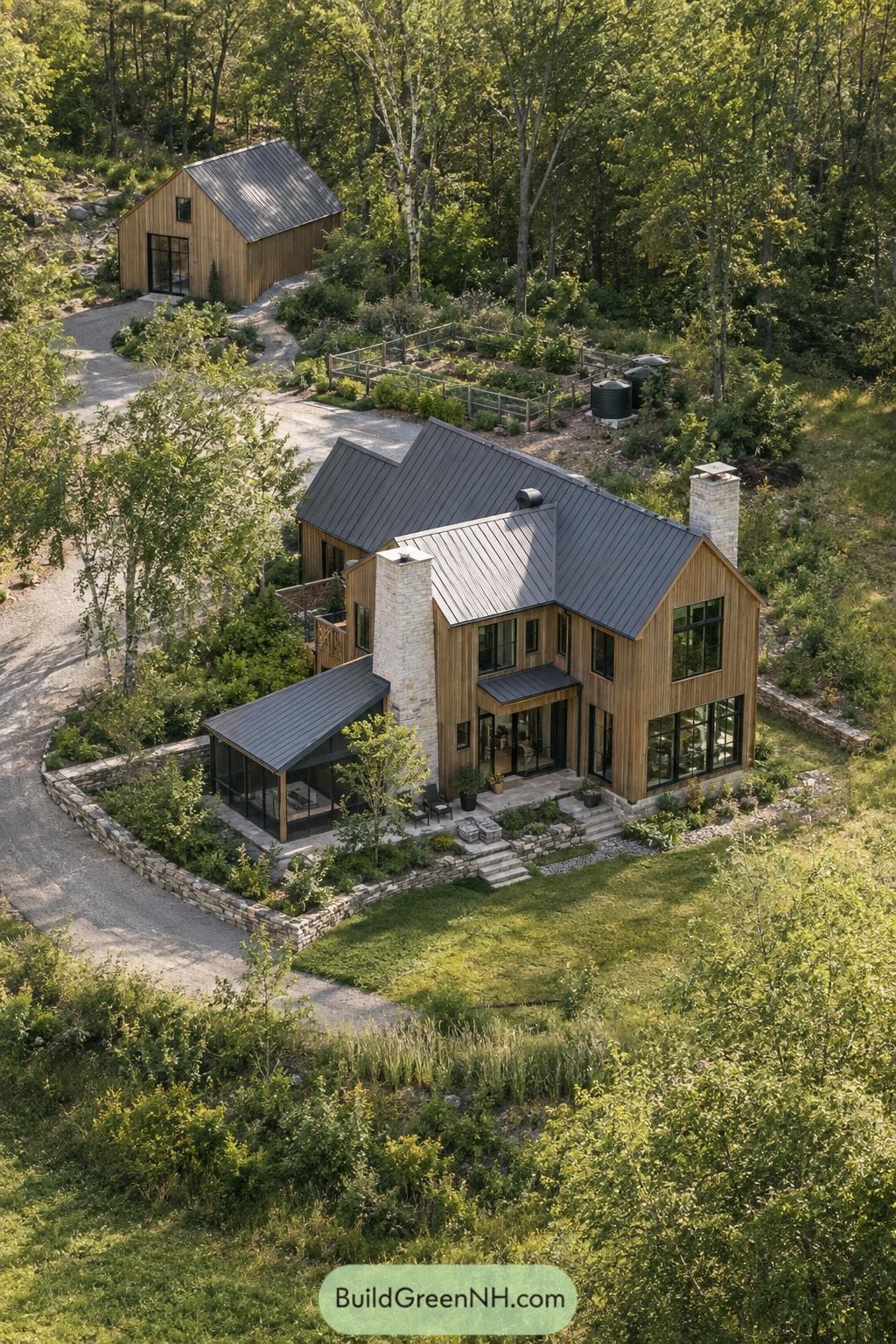 Wood clad farmhouse with stone chimneys beside a fenced garden