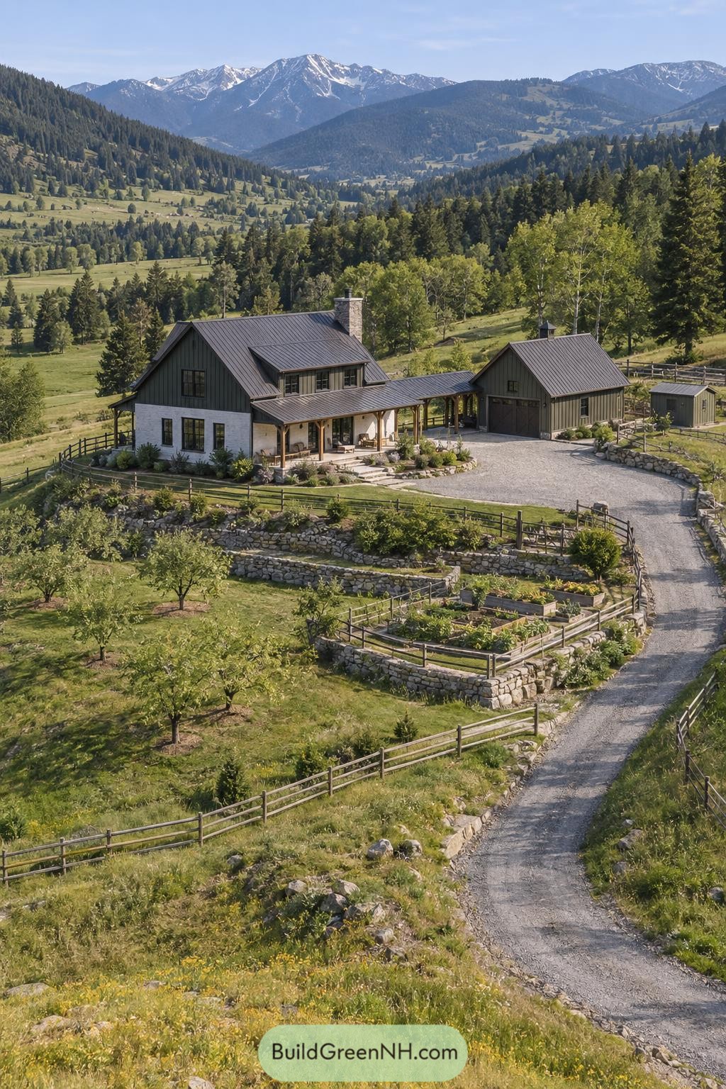 Modern farmhouse with barn and terraced garden beneath mountains