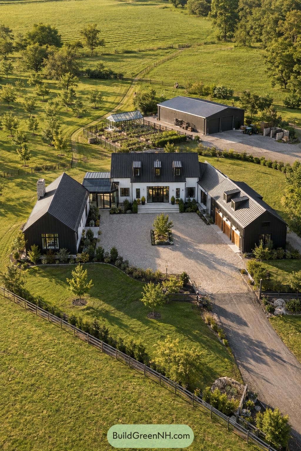 Aerial view of black and white farmhouse with garden and barn
