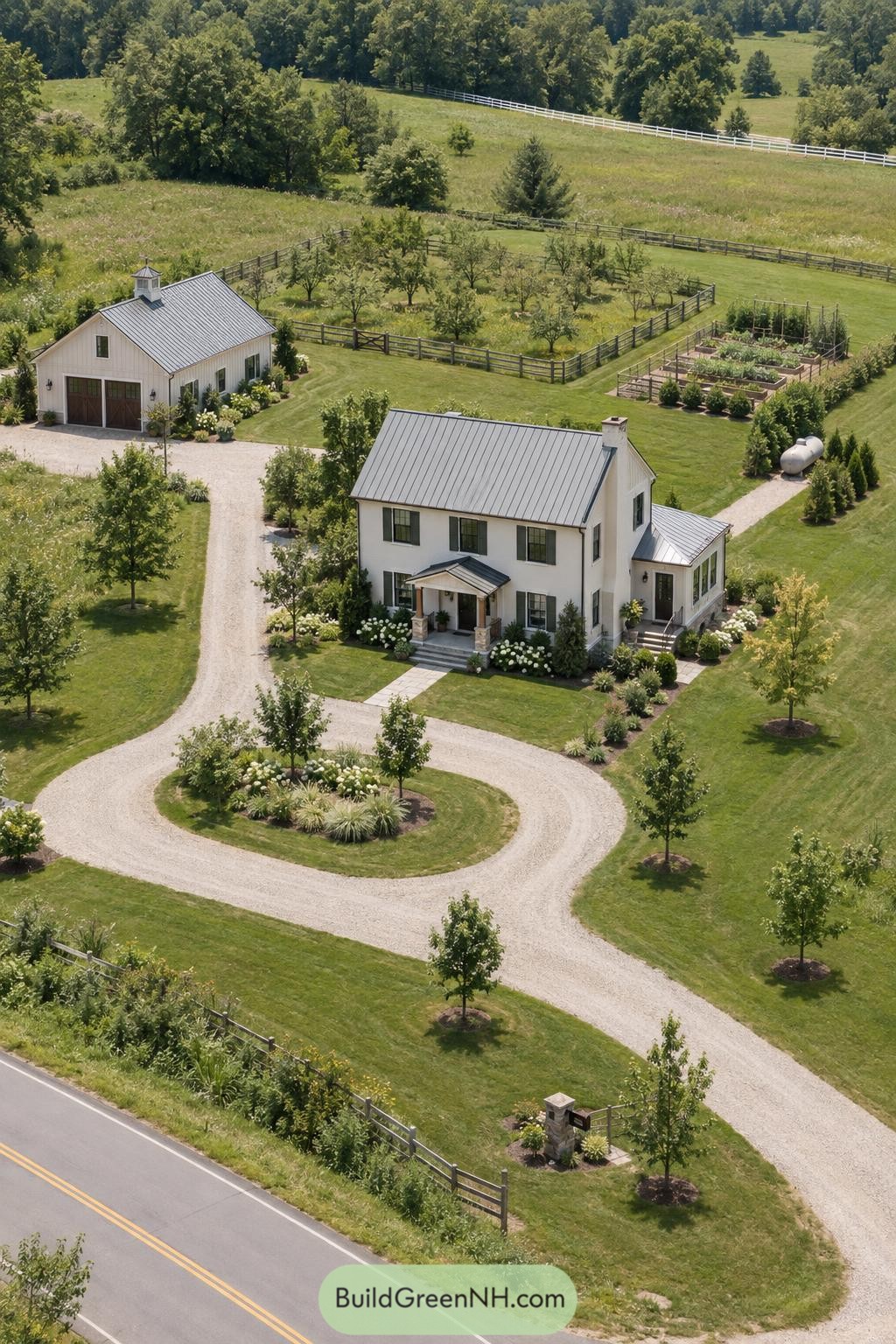 White farmhouse with loop driveway orchard garden and detached garage
