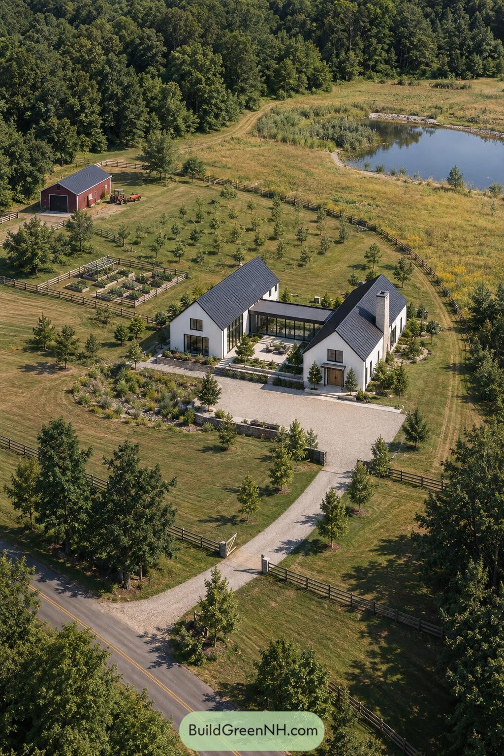 Aerial view of white gabled farmhouse with orchard pond barn and gardens