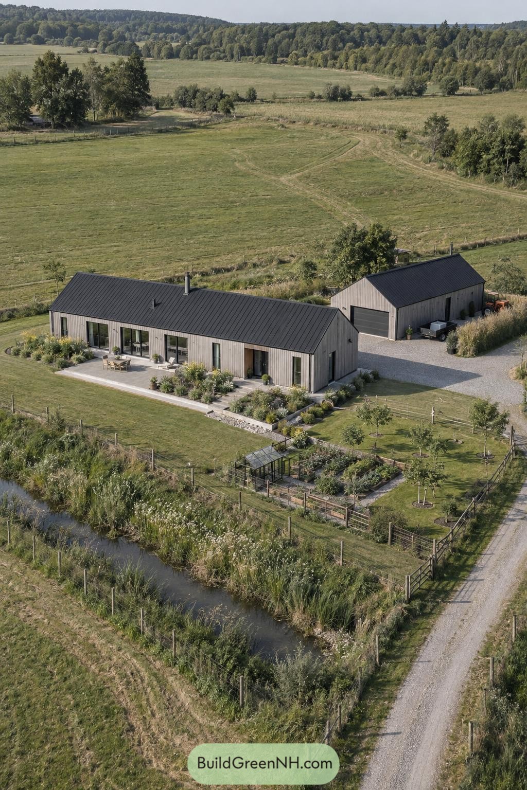 Modern cedar farmhouse and barn beside a kitchen garden canal