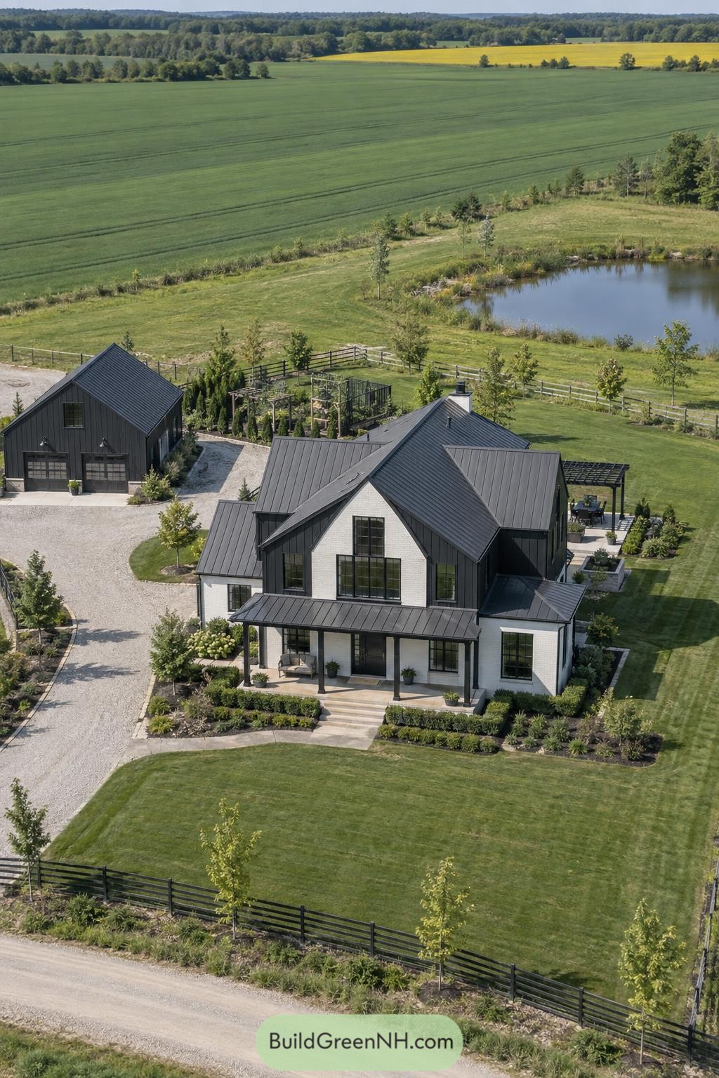 White brick farmhouse with black gables beside a pond and detached garage