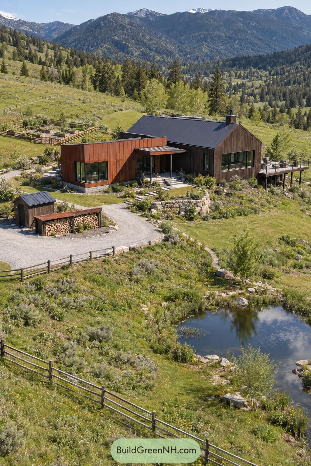 Timber farmhouse beside a mountain pond