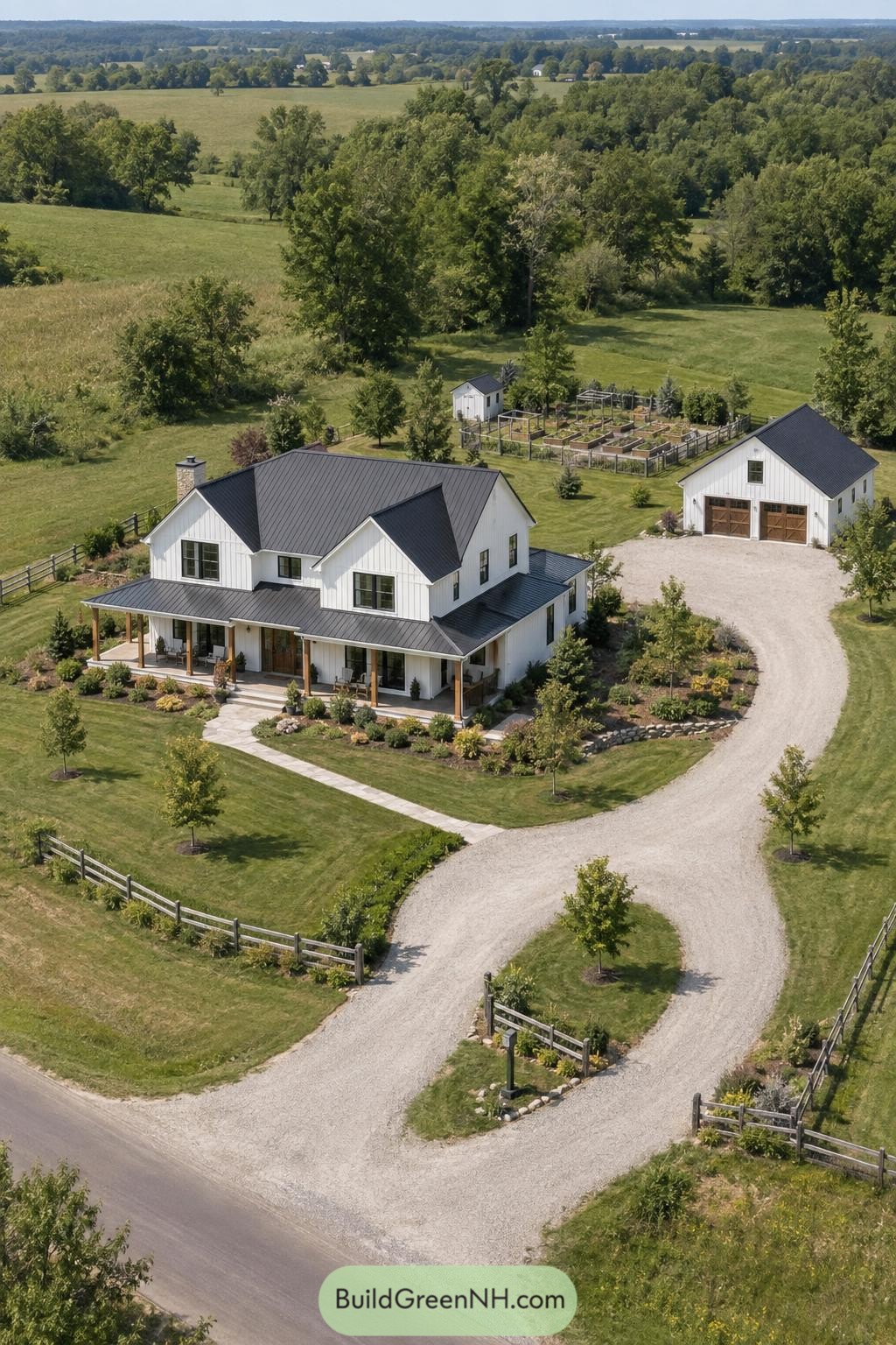 White farmhouse with black roof barn and gardens