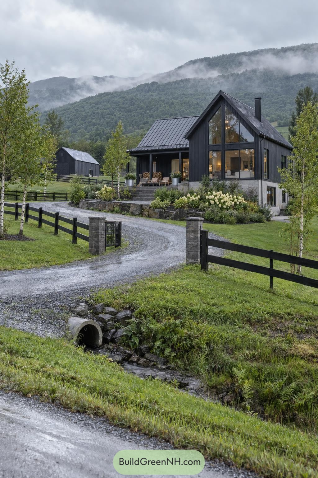 Charcoal farmhouse with gabled windows in misty mountains