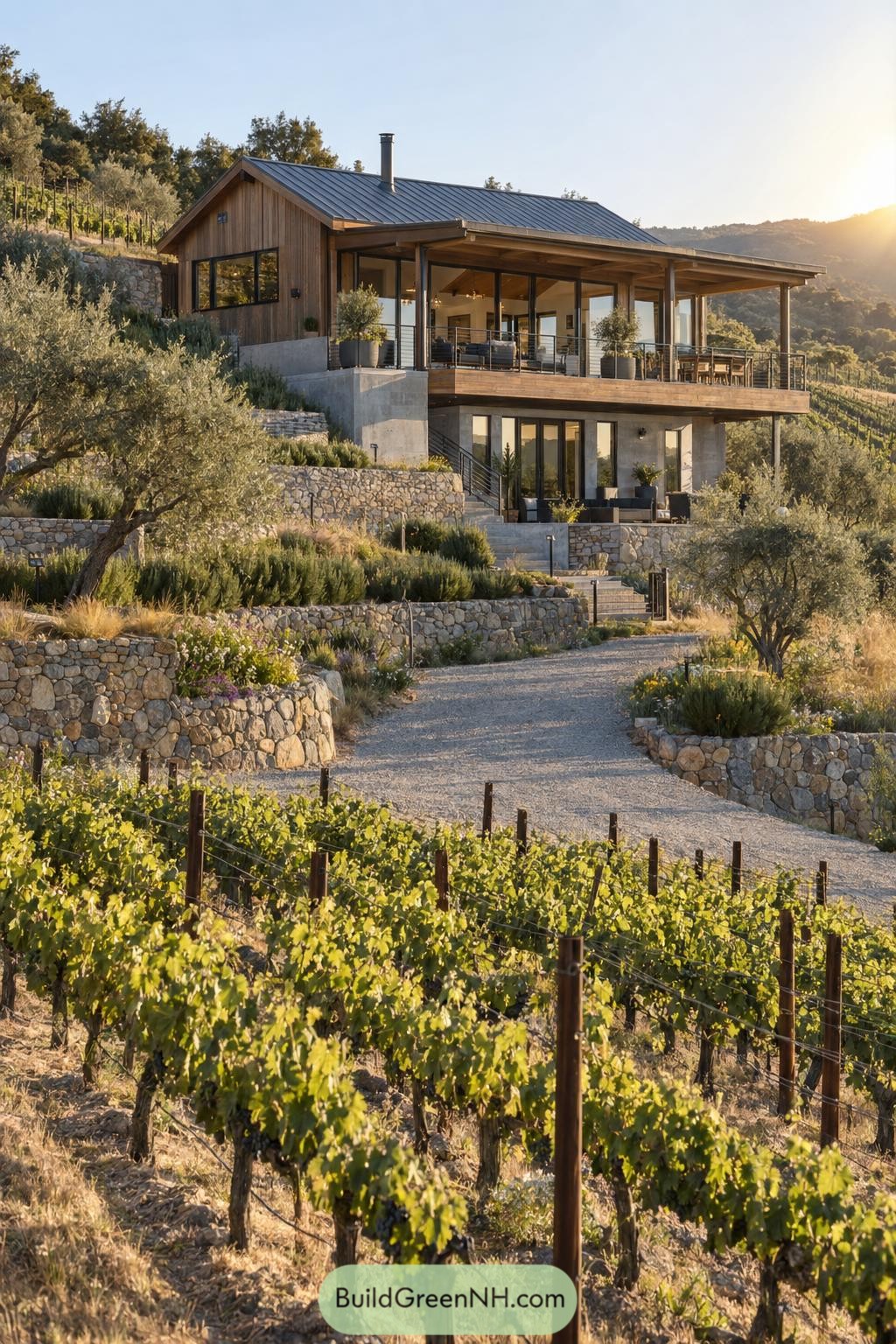 Modern timber farmhouse above vineyard terraces with stone walls and a broad covered deck