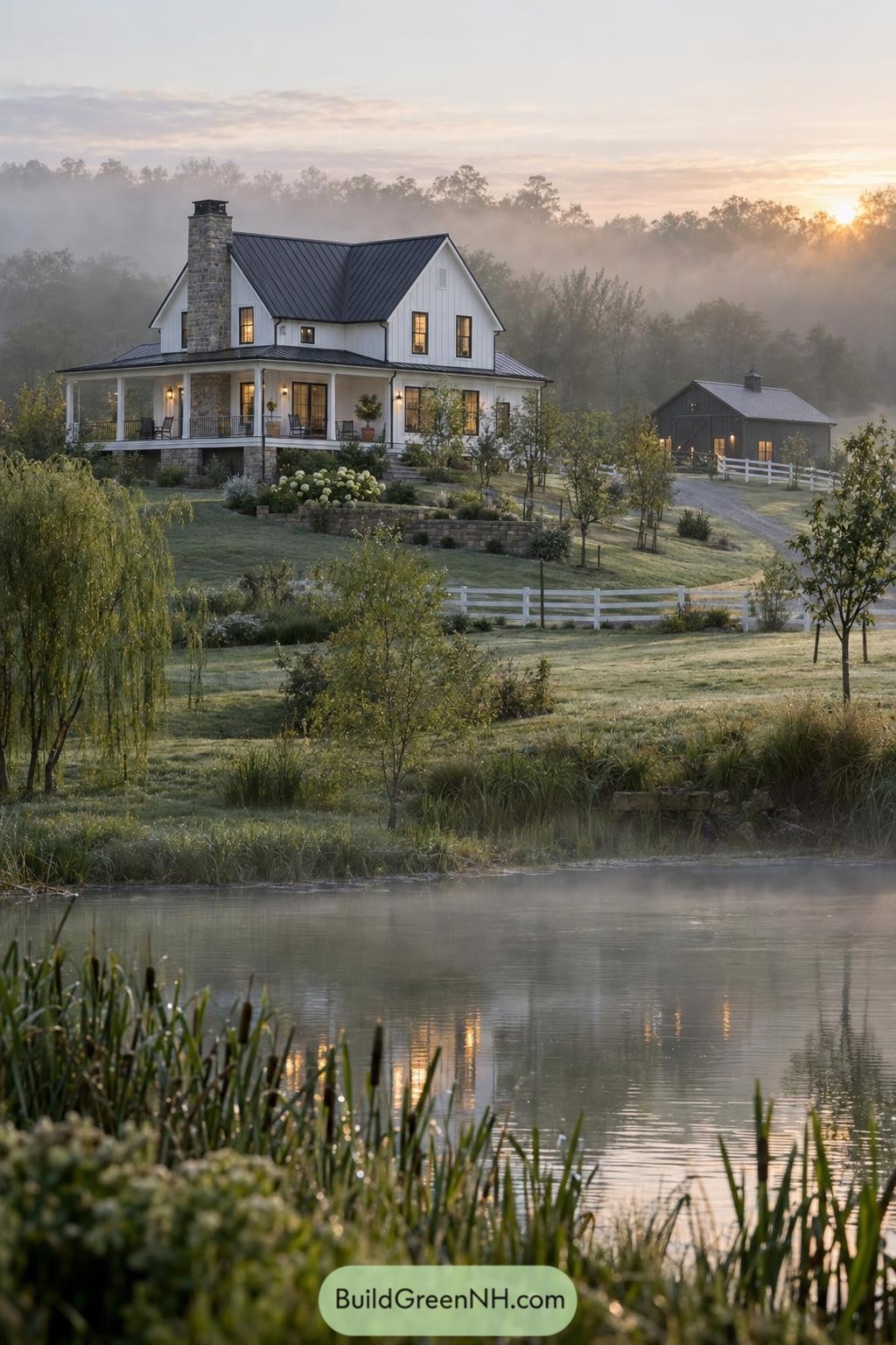 White farmhouse with stone chimney beside a misty pond