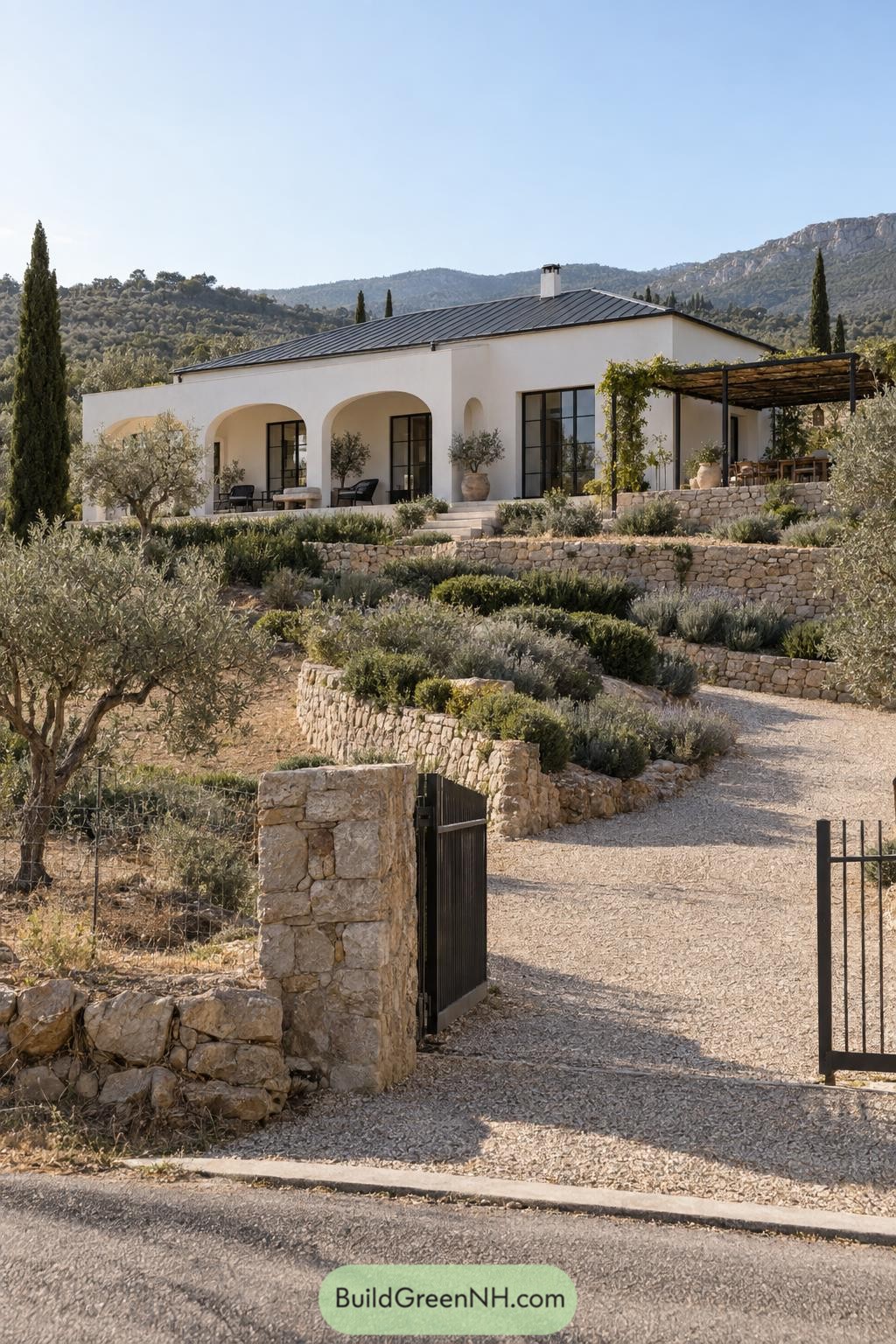 White arched farmhouse with terraced stone gardens and cypress trees