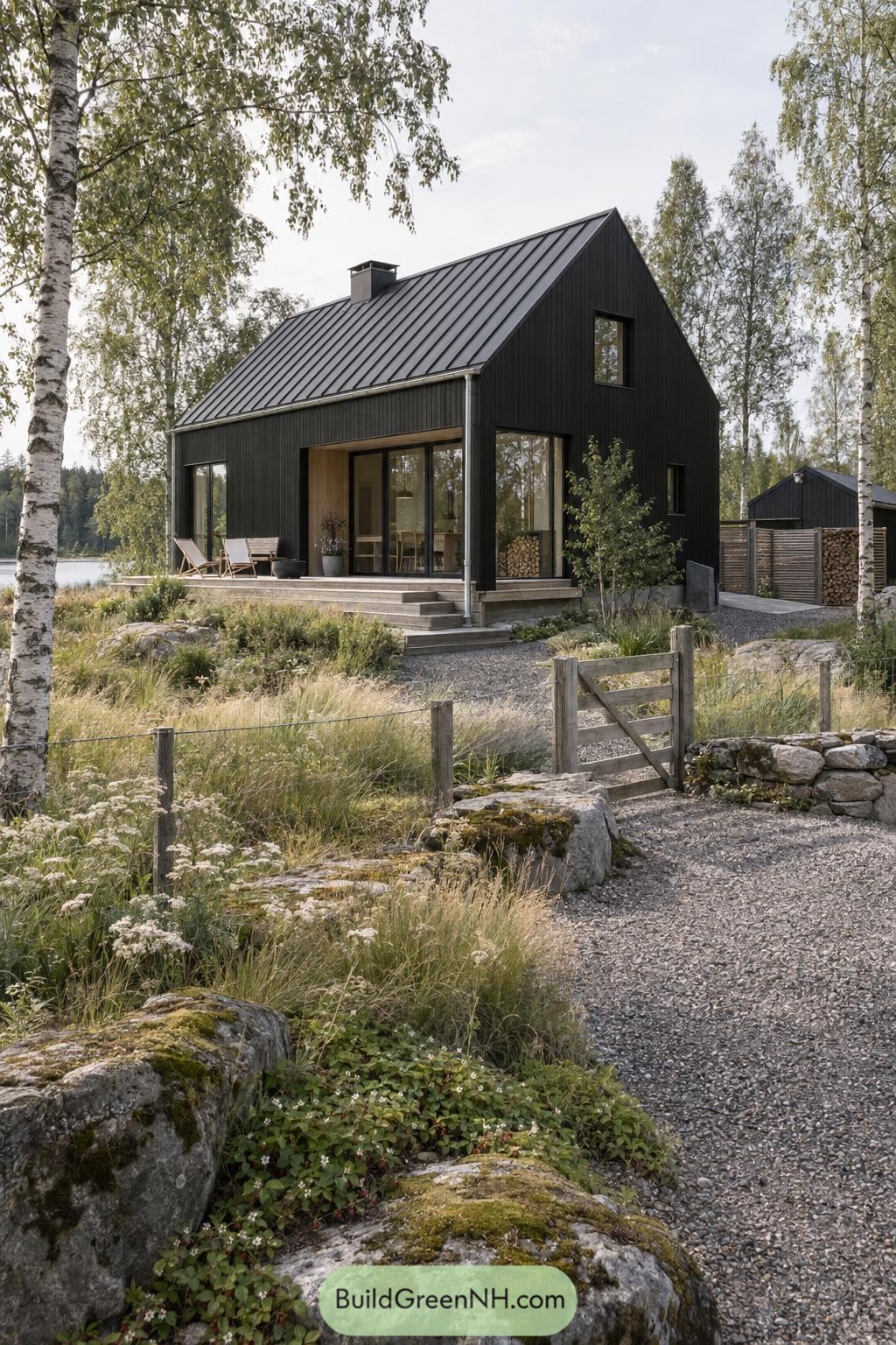 Black timber farmhouse beside birch trees and a lake
